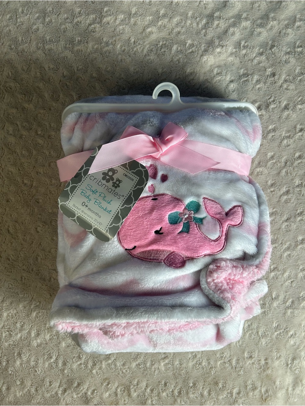 Cribmates Pink Whale Baby Blanket Gray White Waves Sherpa Soft Plush Blue Bow